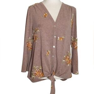 Anthropologie Fig & Flower  Flower Embroidered  Tie Front Henley Blouse Medium